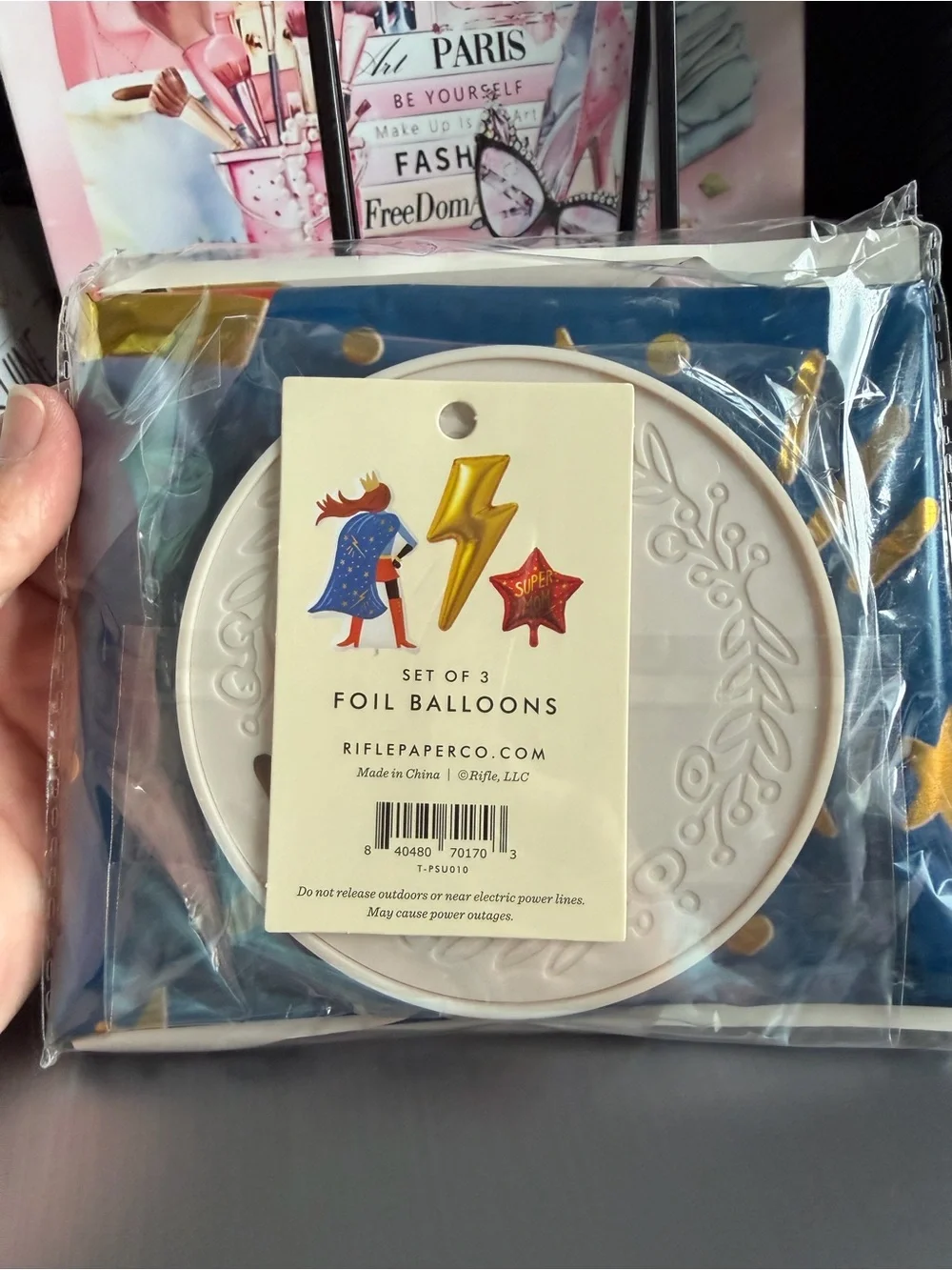 Rifle Paper Co. Foil Balloon Trio in Blue, Gold, Red with weight and ribbon